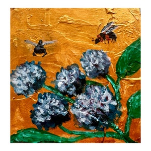 Pintura de hortênsias e abelhas, pintura de hortênsias, arte original, flores azuis, pequena pintura em papelão, buquê de arte, presente para ele
