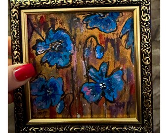 California Blue Poppy Painting 4x4 Acrylic Abstract Blue floral Artwork Small gift in Framed Ukrainian artist
