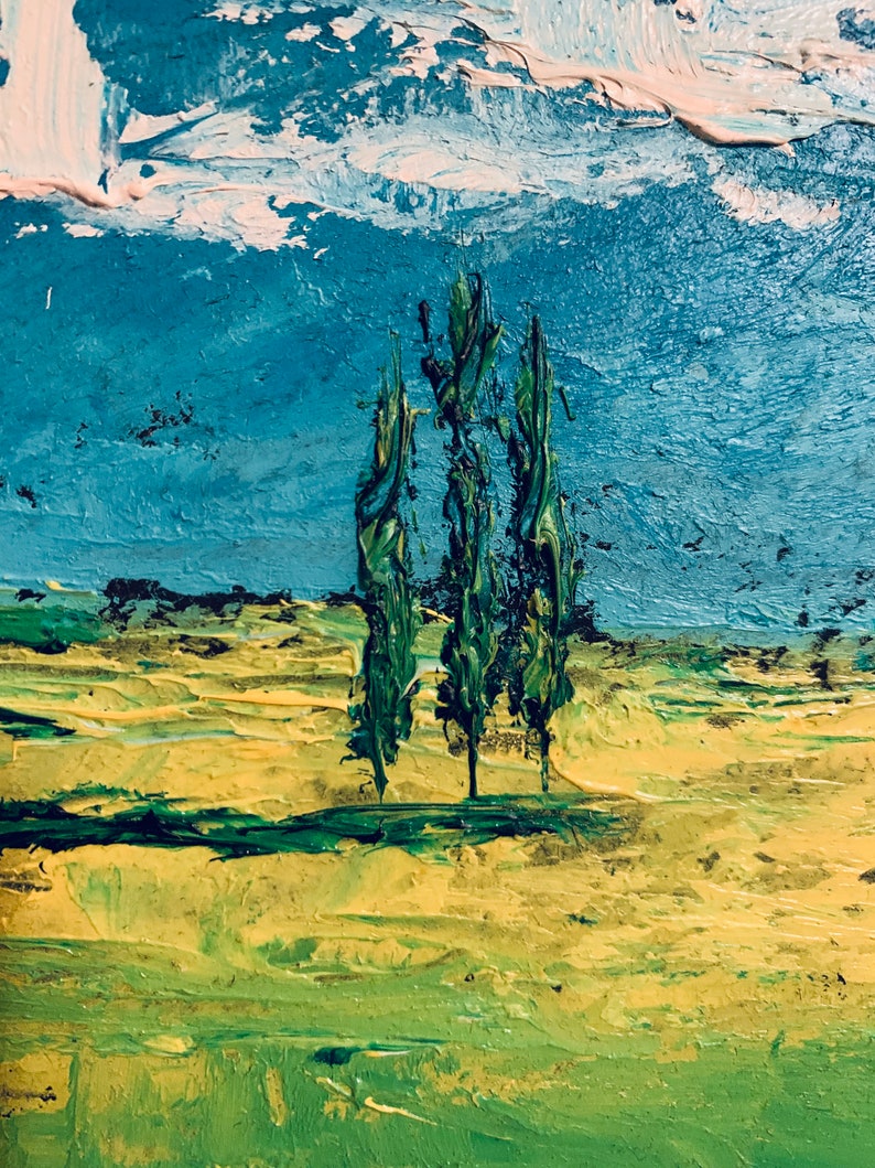 May include: A painting of a landscape with three green trees in the foreground and a blue sky with white clouds in the background.