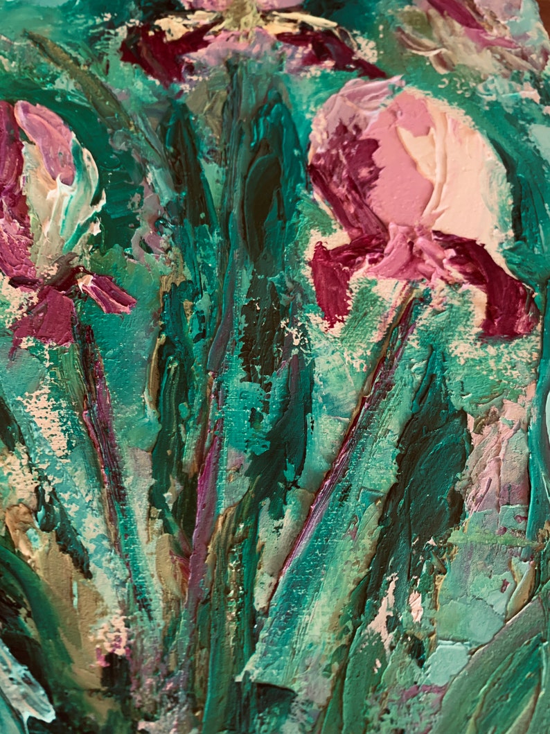 May include: Close-up of an oil painting featuring pink and purple flowers with green leaves. The painting has a textured, brushstroke effect.
