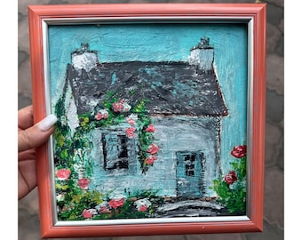 Ireland Painting , Original Artwork , Oil Irish Cottage Landscape ,Small Artwork 8*8 , Scene in Soft Tones Scandinavian Style