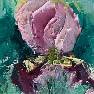 May include: Abstract painting of a pink flower with green and purple accents. The flower is painted in a thick, textured style.