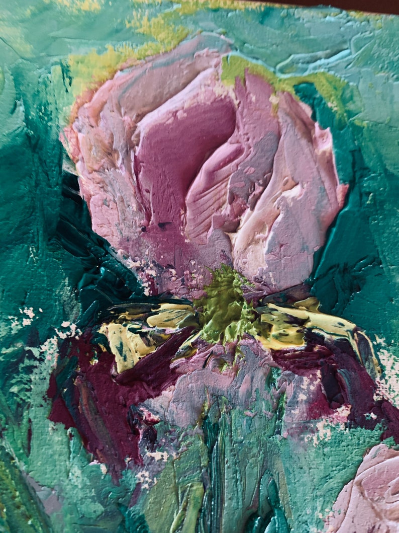 May include: Abstract painting of a pink flower with green and purple accents. The flower is painted in a thick, textured style.