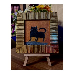 Chat noir Art mural peinture chat drôle #23 Art naïf en or encadré 4x4 décor à la maison Art mural