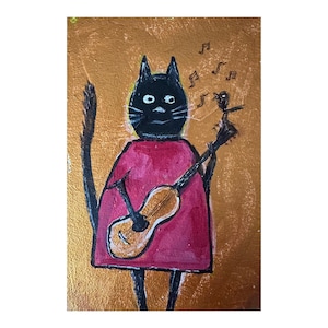 Chat noir et une guitare Image musicale Art encadré original 4 x 4 Cadeau de chat drôle pour les amoureux des chats du vendeur ukrainien