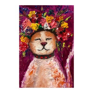 Peinture de chat florale 4*6 / Peinture à l'huile originale Art mural de chat coloré Chaton fantaisiste dans une couronne de fleurs encadré doré