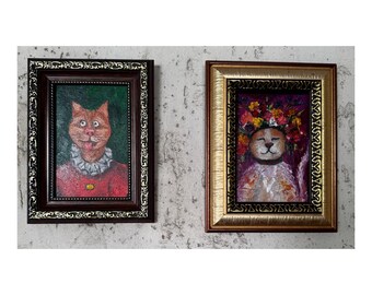 Nyckfulla kattporträtt – Originaloljemålningar på duk, set om 2 – Renässanskatt och blomkatt – Unik djurkonst i utsmyckade ramar 4x6