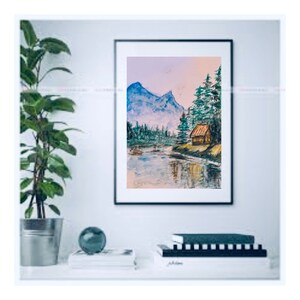 Digital Prints Forest house Painting, Mountain lake, Print, Canada landscape, Watercolor, Wall painting, Wall decor
