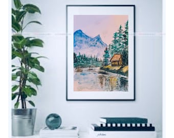 Digital Prints Forest house Painting, Mountain lake, Print, Canada landscape, Watercolor, Wall painting, Wall decor