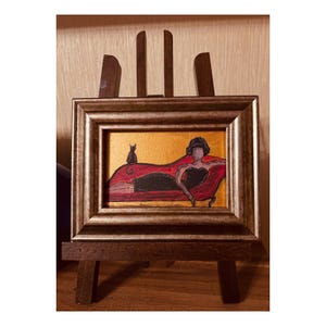 Original acrylic painting in Framed #47 , Lady with Black Cat , Cat lover gift Woman art black cat painting bedroom wall decor