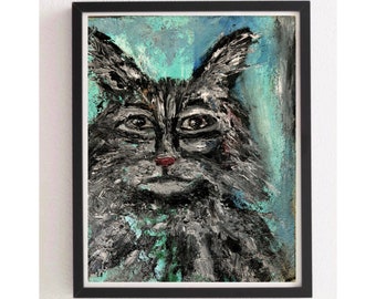 Cat painting , Original Art , Oil on hardboard , Cute cat