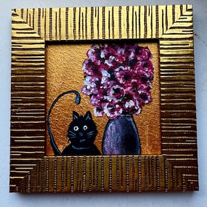 Black Cat and Bouquet #25 Painting: Handmade original wall art Framed 4x4 tiny painting Acrylic Naive Artwork Funny kitte
