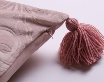 Dusty rose throw pillow with elegant tassels, Textured floral design cushion cover, Pastel pink soft cushion, Handmade fluffy yarn tassels
