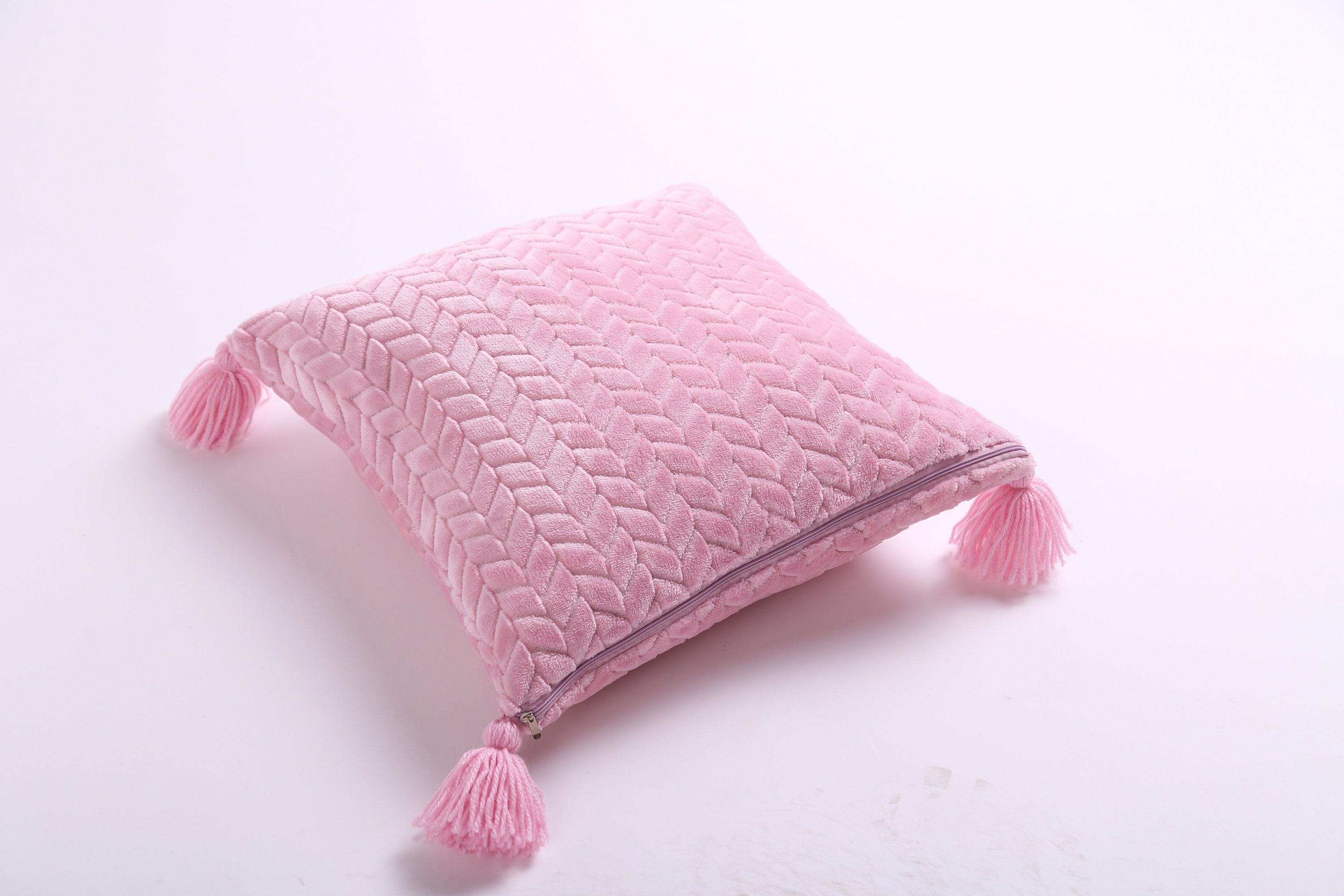 Fluffy Candy Pink Pillowcase With Yarn Tassels, Handmade Decorative