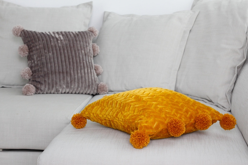 Pom Pom Pillow Case, Mustard Throw Pillow, Soft Yellow Cushion With Pom