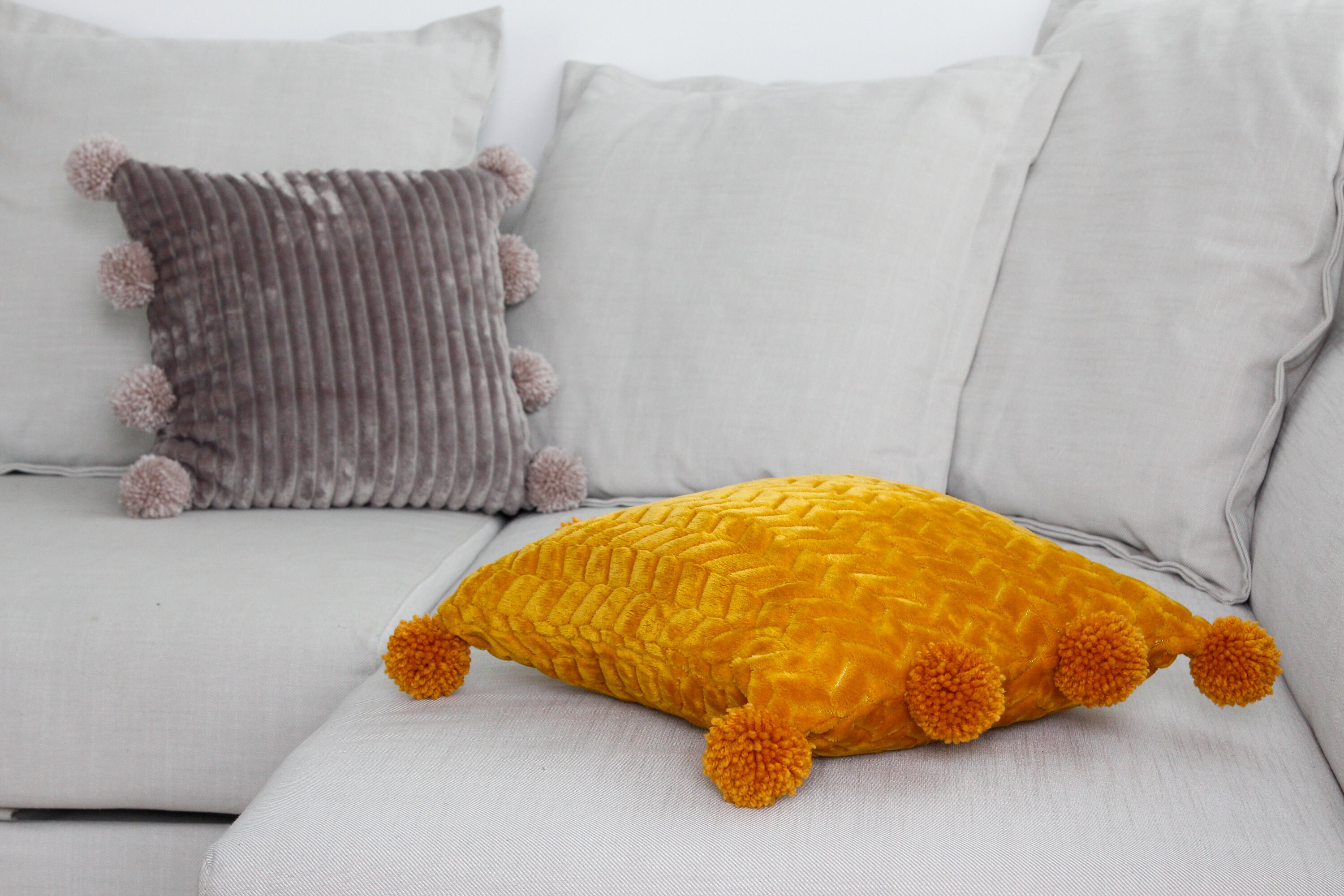 Pom Pom Pillow Case, Mustard Throw Pillow, Soft Yellow Cushion With Pom