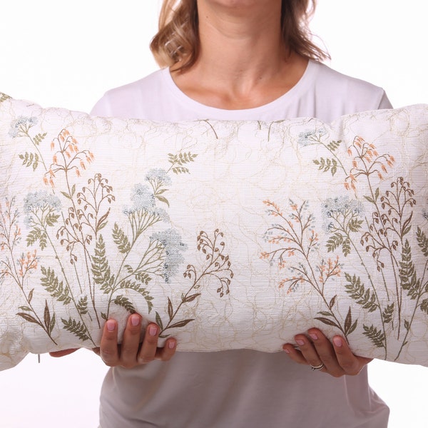 Lumbar big sofa pillow, Floral hand sewn throw cushion, Embroidered herbs bouquet cushion, Garden decor pillow, Living room couch cushion
