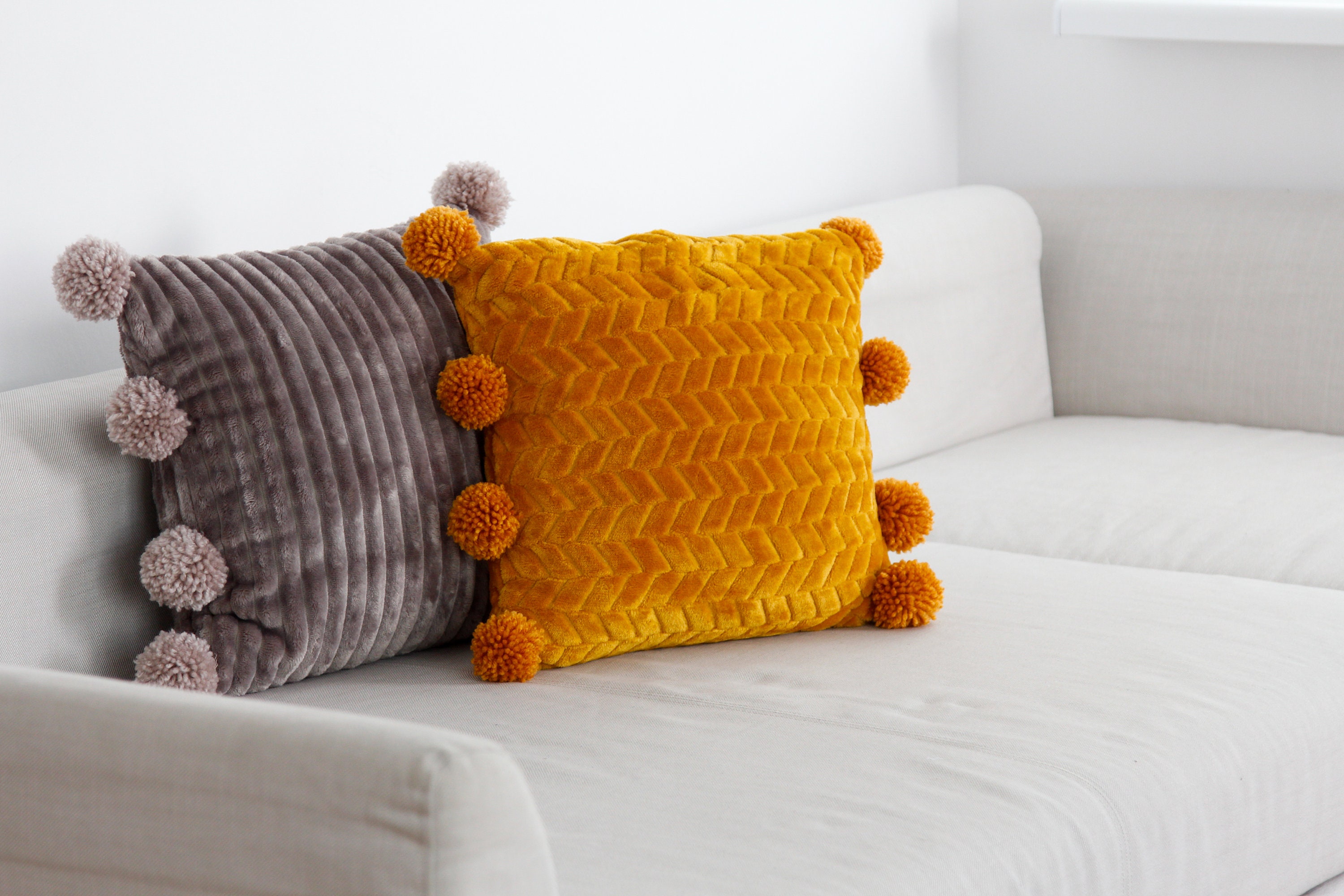 Pom Pom Pillow Case, Mustard Throw Pillow, Soft Yellow Cushion With Pom