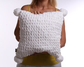 White Pom Pom Pillow | Handmade Plush Cushion | Decorative Fluffy Pillows | Unique couch deco | Christmas Gift | Christmas pillows