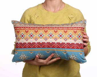 Boho pattern throw cushion, Multi color decor pillow, Bohemian home decor, Rocking chair pillow, Blue, Brown, orange geometric elements