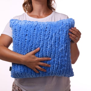 Boys room decor, Hand knit plush cushion, Decorative soft pillow, Handmade fluffy blue couch cushion, Sea blue accent pillow