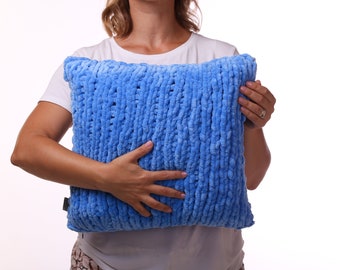 Soft Blue plain cushion, Sea blue sofa pillow, Sky blue cushion, Hand knit plush cushion, Hygge textured couch cushion, Rocking chair pillow