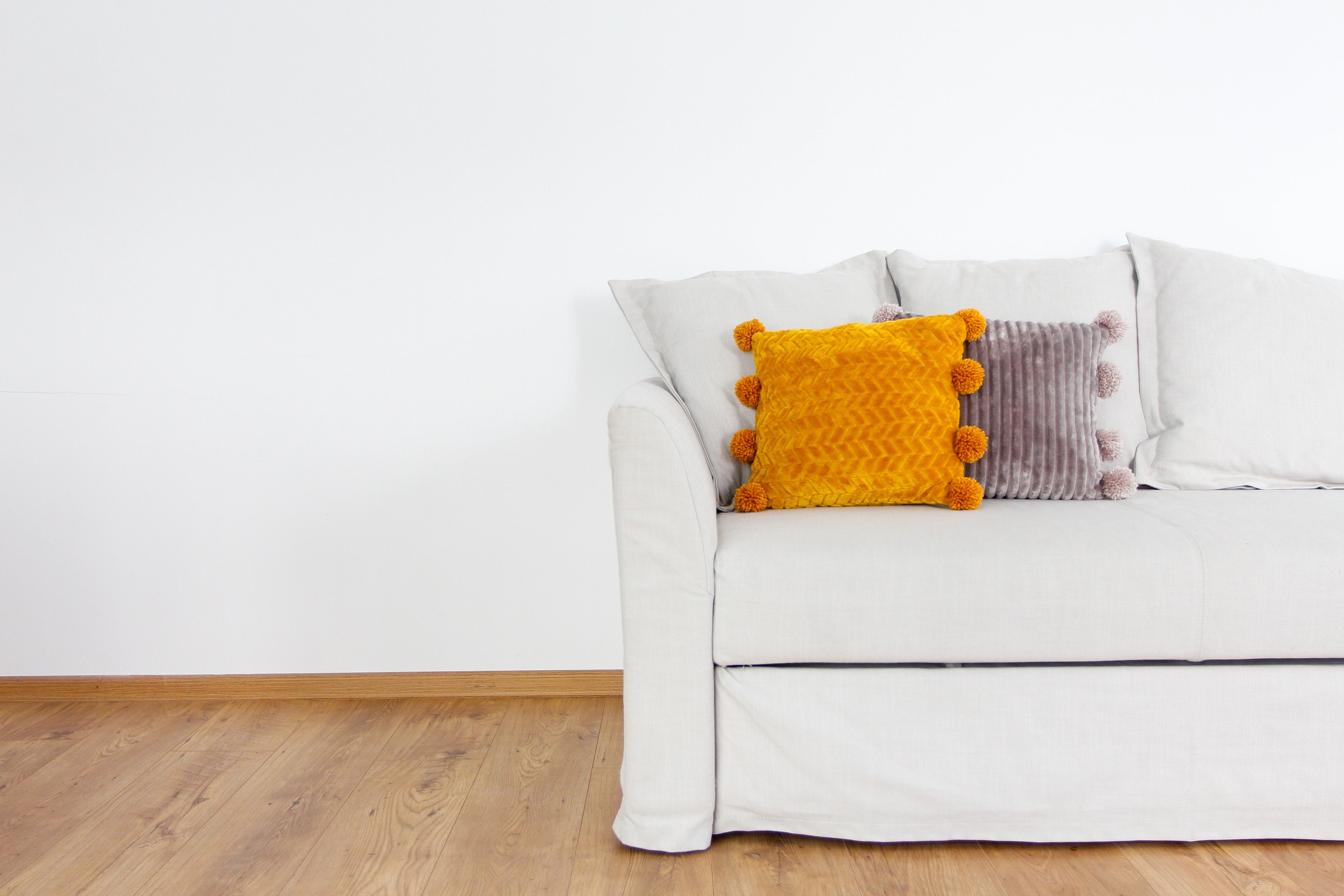 Pom Pom Pillow Case, Mustard Throw Pillow, Soft Yellow Cushion With Pom