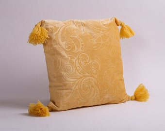Mustard velvet pillow with tassels, Yellow flowers textured pillowcase, Decorative plush cushion, Handmade wool tassels, Yellow couch decor