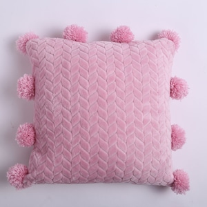 Cubierta de almohada pompón esponjosa, cojín de felpa rosa caramelo, cojín de sofá de felpa hecha a mano, sofá rosa grueso texturizado, decoración de la habitación linda de las niñas