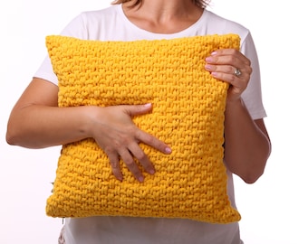 Soft knitted cushion cover, Yellow chunky hand knit pillowcase, Sunny living room, 2021 color sofa cover, Illuminating accent pillowcase