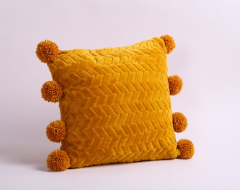 Pom Pom Pillow case, Mustard Throw Pillow, Soft Yellow Cushion with Pom Poms, Decorative Plush Pillow, Mustard Sofa Cushion, Textured Pillow