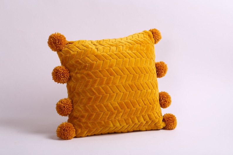 Pom Pom Pillow Case, Mustard Throw Pillow, Soft Yellow Cushion With Pom