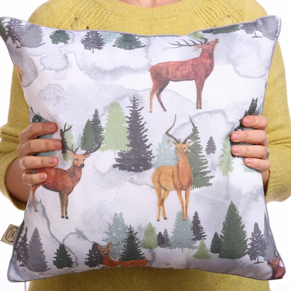 Coussin de jet de renne et de pin, coussin de forêt d’hiver, décor à la maison de chalet, coussin extérieur de modèle d’arbres, oreiller de montagne d’hiver