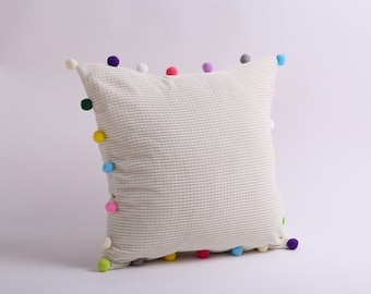 White pillowcase with multi color pom poms, Decorative waffle throw pillow, Felted pom pom pillow, Square couch cushion, Home decor bohemian