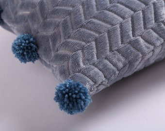 Pastel blue fluffy cushion with pom poms, Textured geometric plush quilt, Handmade yarn pom pom pillow, Denim comfortable couch cushion