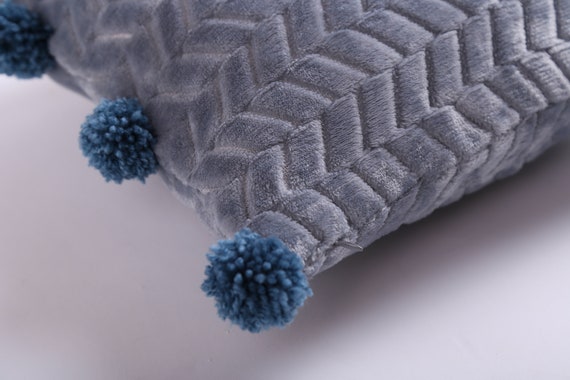 Pastel blue fluffy cushion with pom poms, Textured geometric plush quilt, Handmade yarn pom pom pillow, Denim comfortable couch cushion