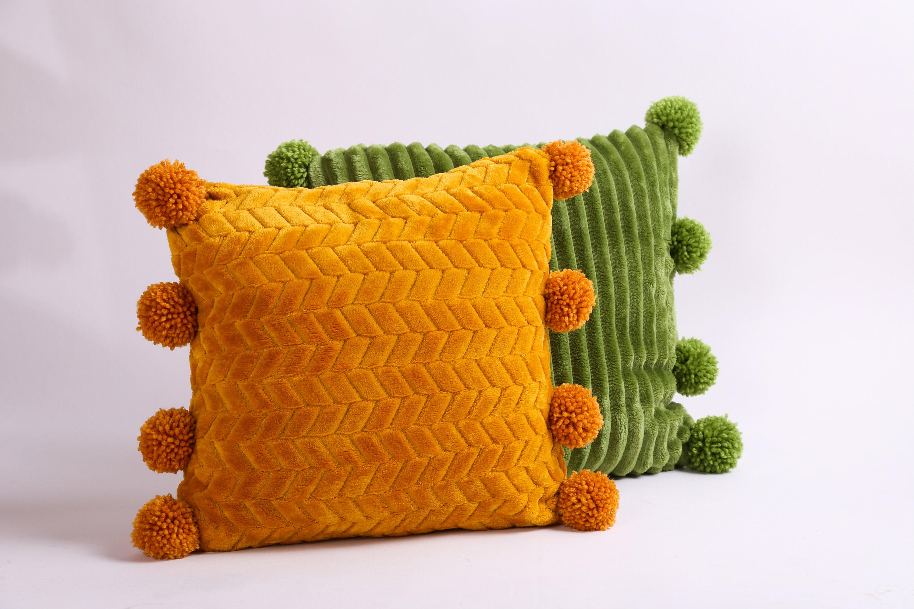 Pom Pom Pillow Case, Mustard Throw Pillow, Soft Yellow Cushion With Pom