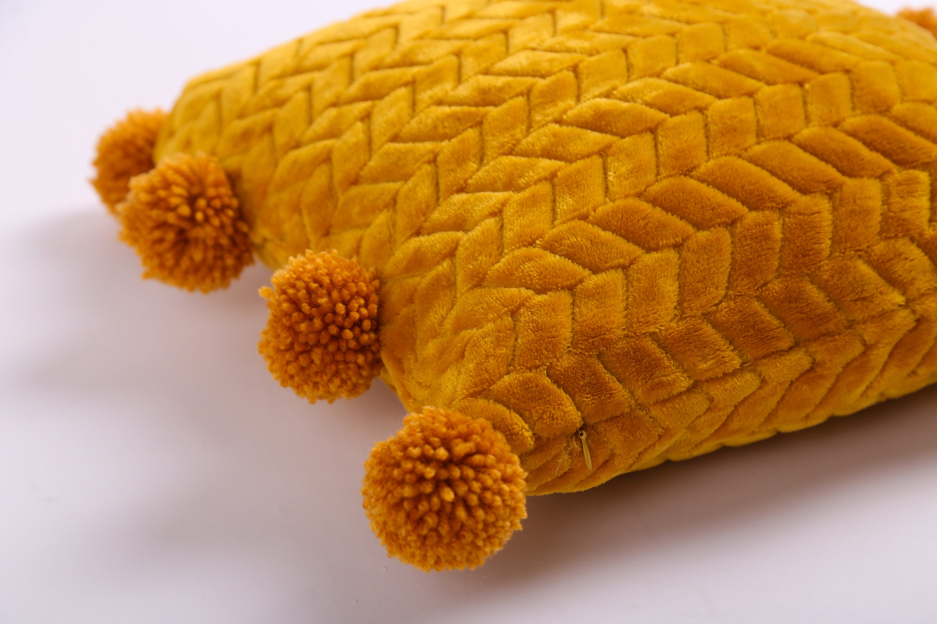Pom Pom Pillow Case, Mustard Throw Pillow, Soft Yellow Cushion With Pom