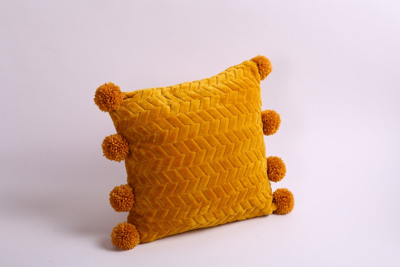 Pom Pom Pillow Case, Mustard Throw Pillow, Soft Yellow Cushion With Pom Poms, Decorative Plush