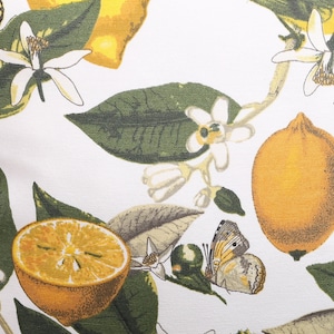 Stof citroenboom, vogels en vlinders EEND, waterdichte katoen-polyestermix, gemakkelijk schoon te maken citrusstof, waterbestendige gele stof