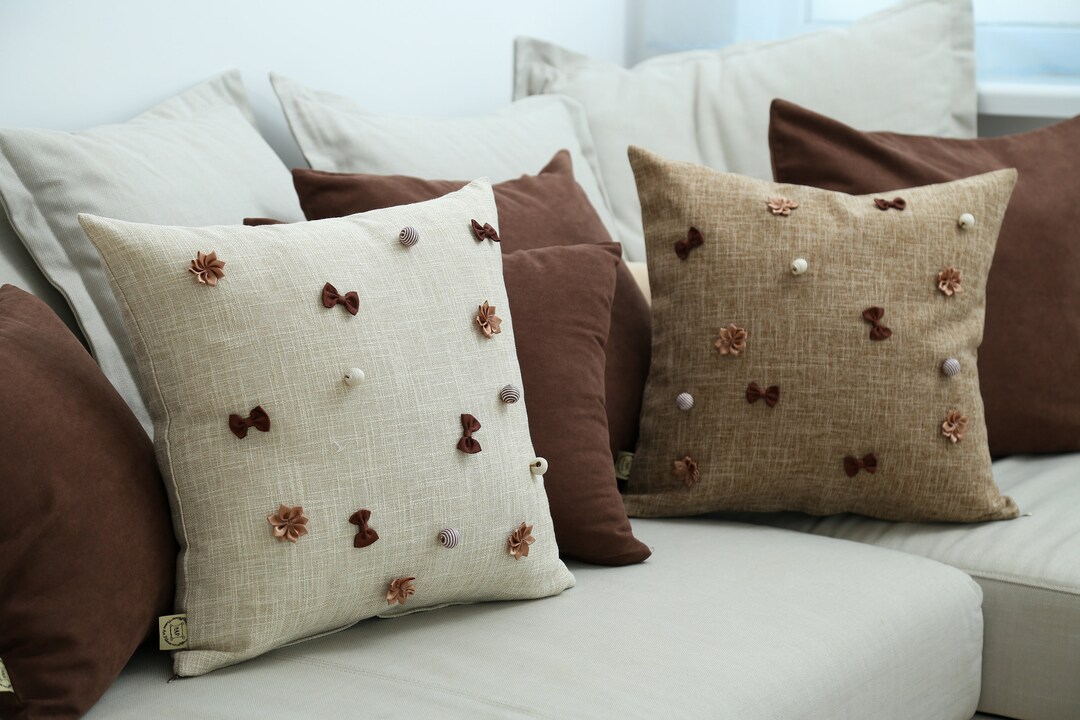 SALE 3D Pillow, White Linen Couch Cushion Cover With Hand Sewn