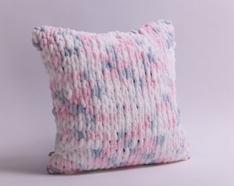 Nursery baby colors decor, Soft chunky pillow, Handknit fluffy multi color couch cushion, Pink and blue accent pillow, Comfortable sofa