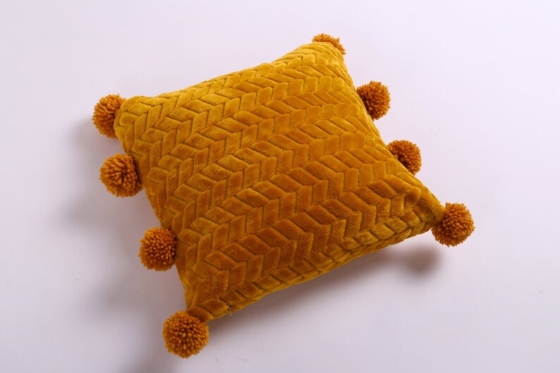 Pom Pom Pillow Case, Mustard Throw Pillow, Soft Yellow Cushion With Pom