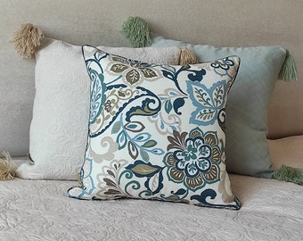 Paisley blue throw cushion, Blue and white accent pillow, Elegant home decor, Floral pattern pillow, Blue and beige flowers decor