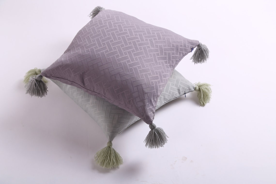 Green pillow with tassels Decorative satin cushion Handmade Etsy