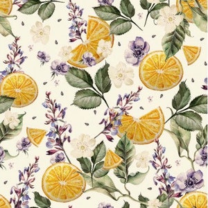May include: A seamless pattern featuring watercolour illustrations of lemons, flowers, and leaves on a cream background. The lemons are sliced and have a yellow and orange colour. The flowers are purple and white. The leaves are green.
