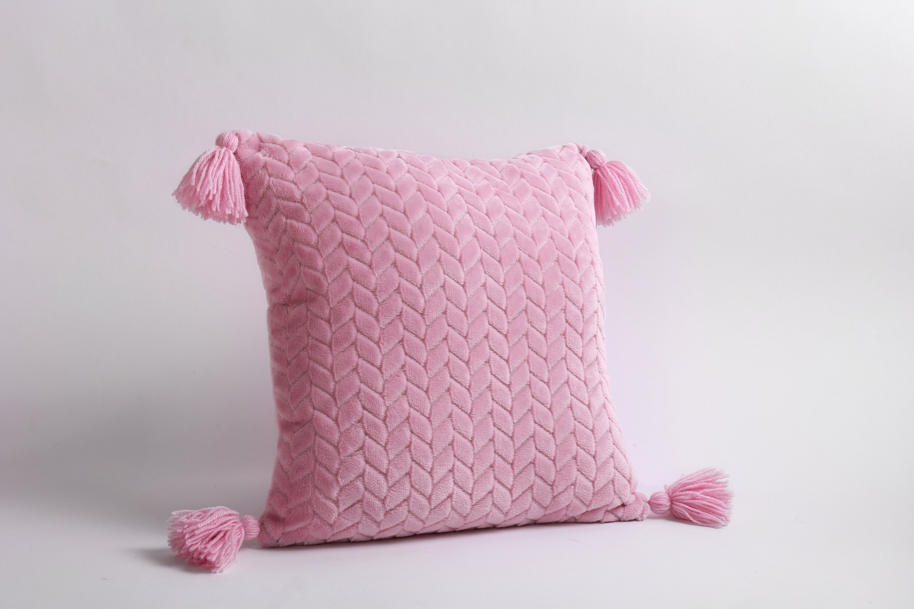 Fluffy Candy Pink Pillowcase With Yarn Tassels, Handmade Decorative