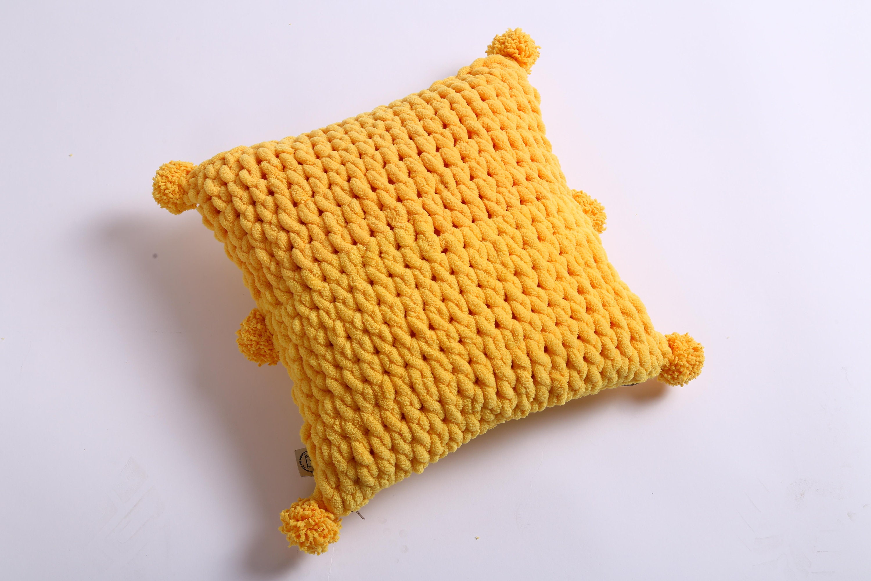 Yellow pillow with pom poms, Hand knitted soft cushion, Decorative fluffy pillow cover, Chunky knit pillowcase, Comfortable couch cushion