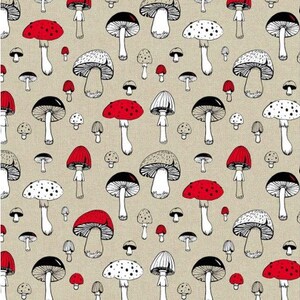 May include: A seamless pattern featuring red and white mushrooms with black outlines on a beige background.