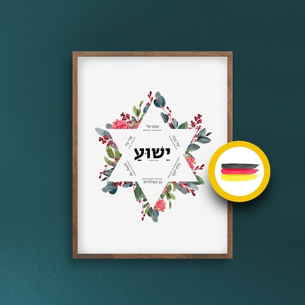 Hebräisch Yeshua, mit Übersetzung auf Deutsch, Namen Gottes, Bedeutung der Namen des Messias, Bibel Vers, Bibelspruch, christliche Poster